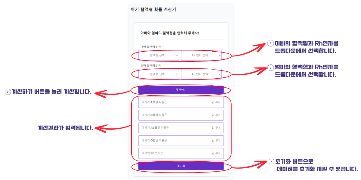 아기 혈액형 확률 계산기 사용방법